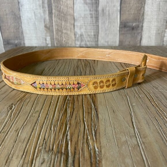 Leather Tooled Woven Fish Inlay Cutout Belt - Picture 2 of 5